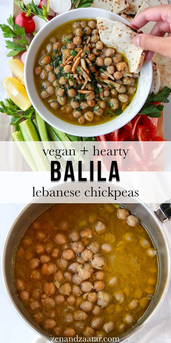 Image showing balila being scooped up with pita and balila simmering in a pot, with text overlay, "vegan + hearty balila - lebanese chickpeas".