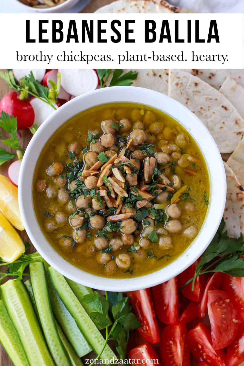 Image showing balila being served with pita and crudités, with text overlay, "lebanese balila".