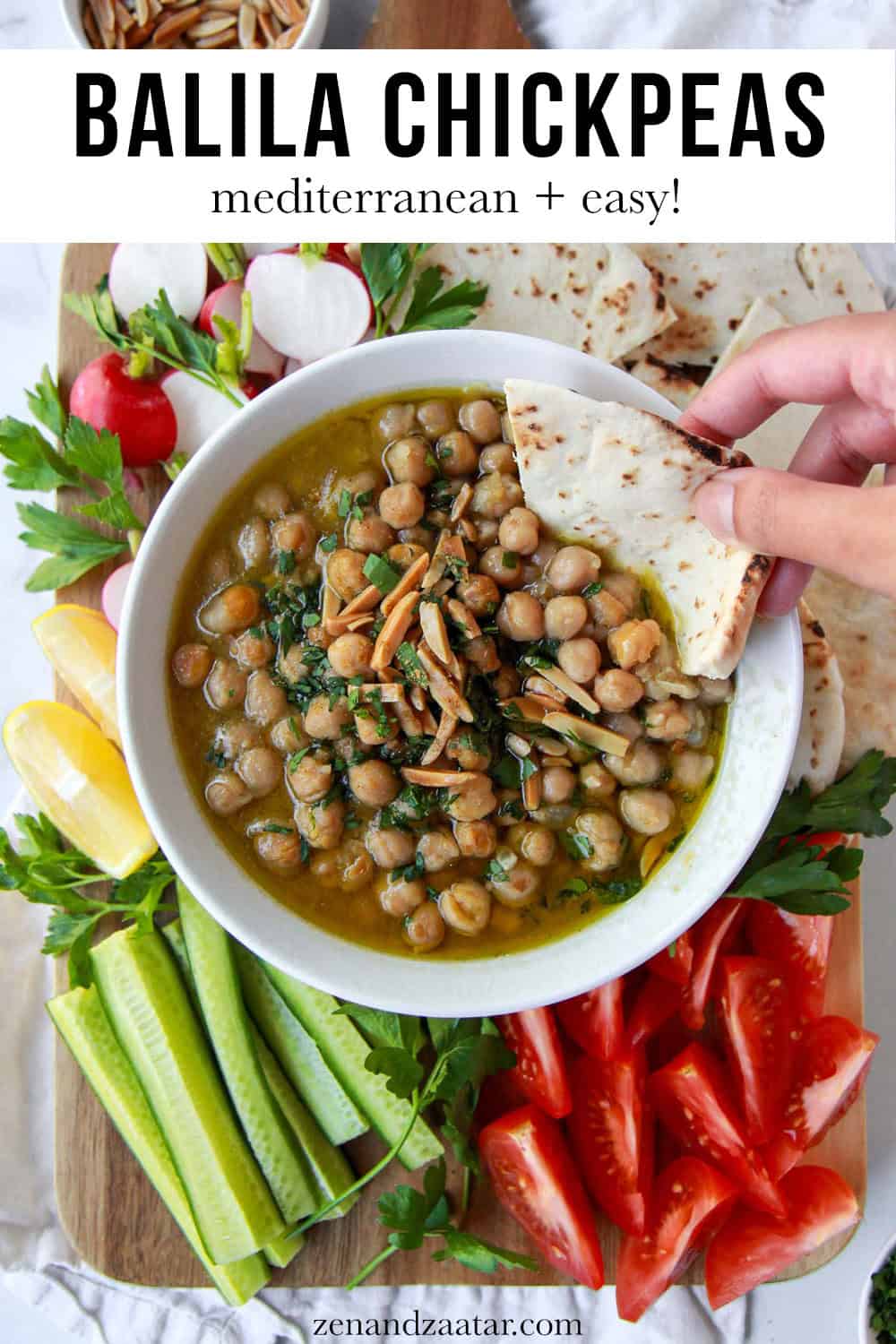 Image showing balila being scooped with pita and served with veggies, with text overlay, "balila chickpeas - mediterranean + easy".