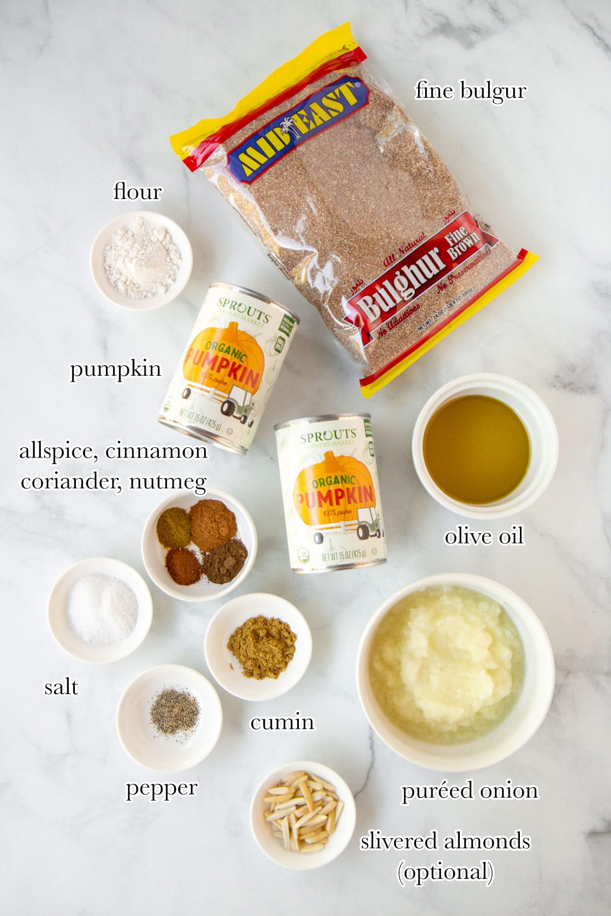 Ingredients for pumpkin bulgur dough for pumpkin kibbeh.