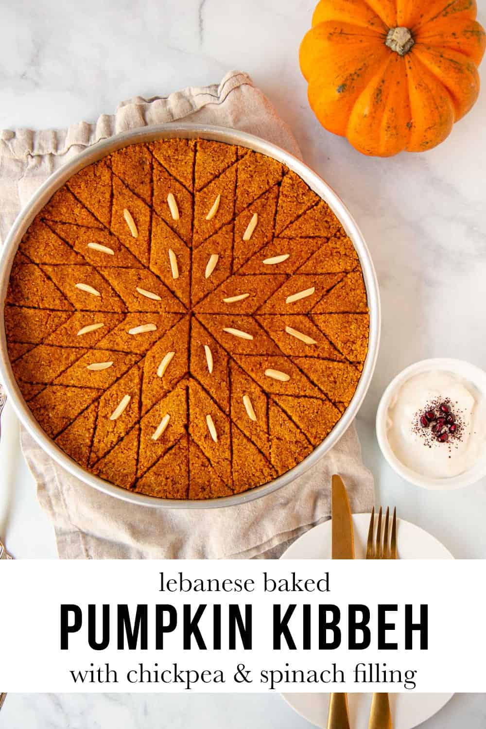 Baked pumpkin kibbeh with text overlay "lebanese baked pumpkin kibbeh with chickpea & spinach filling".
