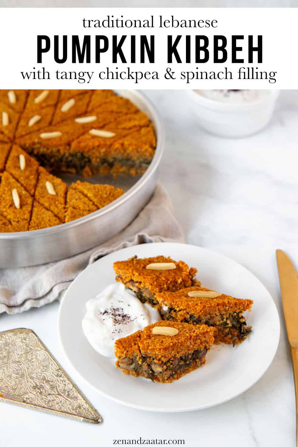 Baked pumpkin kibbeh slices, served with yogurt, with text overlay "traditional lebanese pumpkin kibbeh".