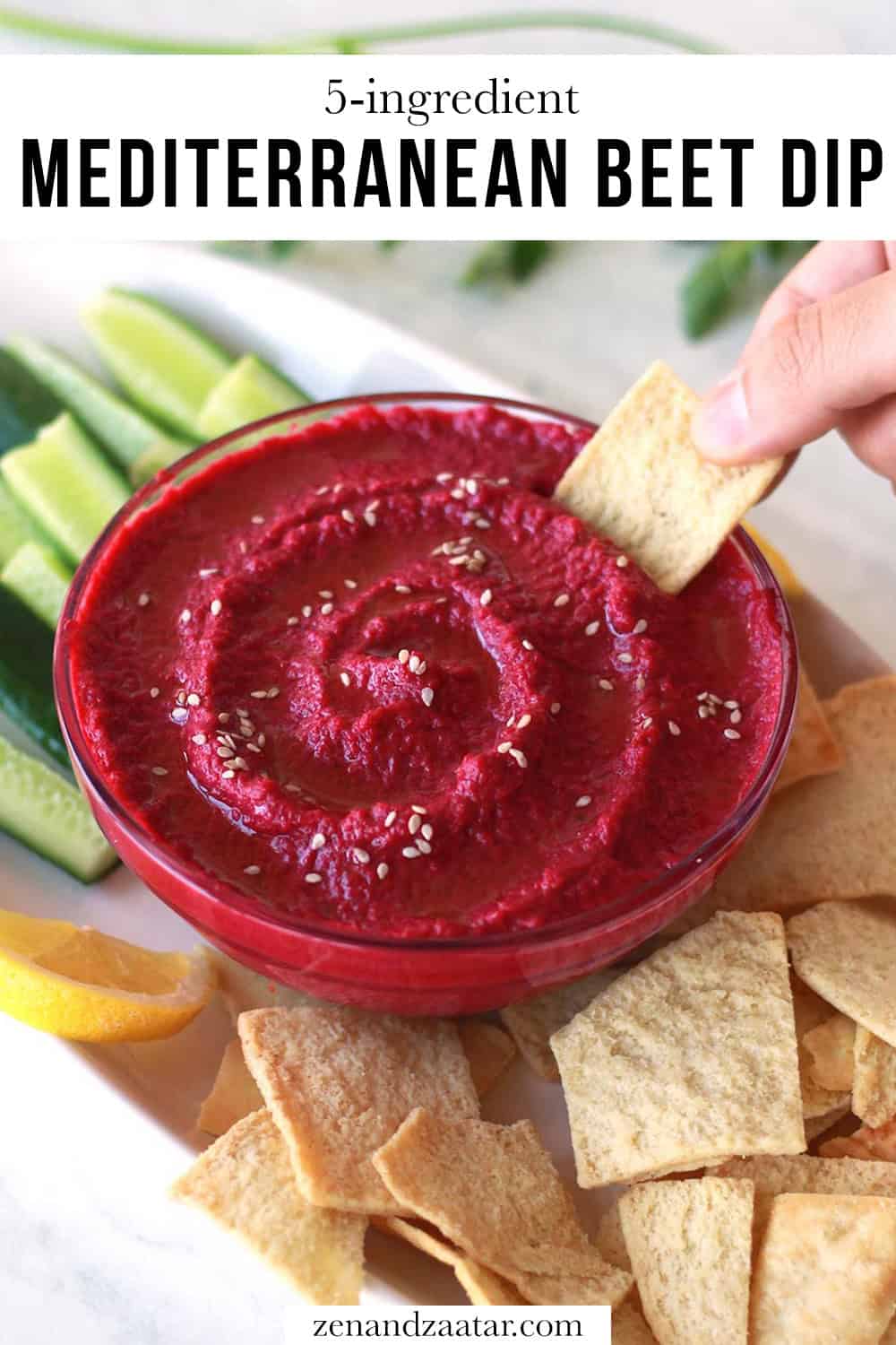 A pita cracker scooping into the mutabal shawandar with text overlay, "5-ingredient Mediterranean beet dip".