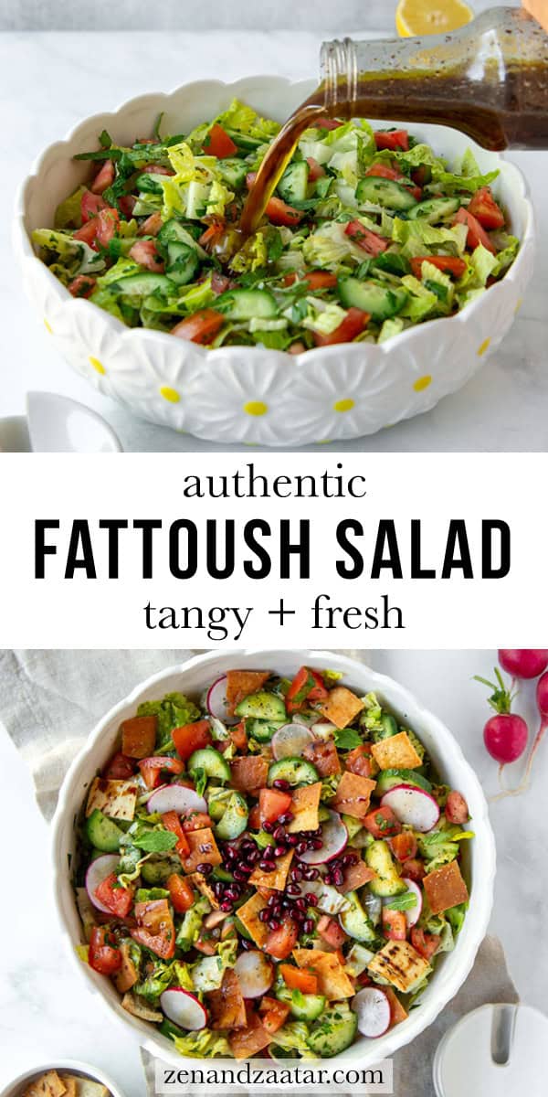 Images of dressing and Fattoush Salad with text overlay "authentic fattoush salad," with veggies and herbs in a white bowl.