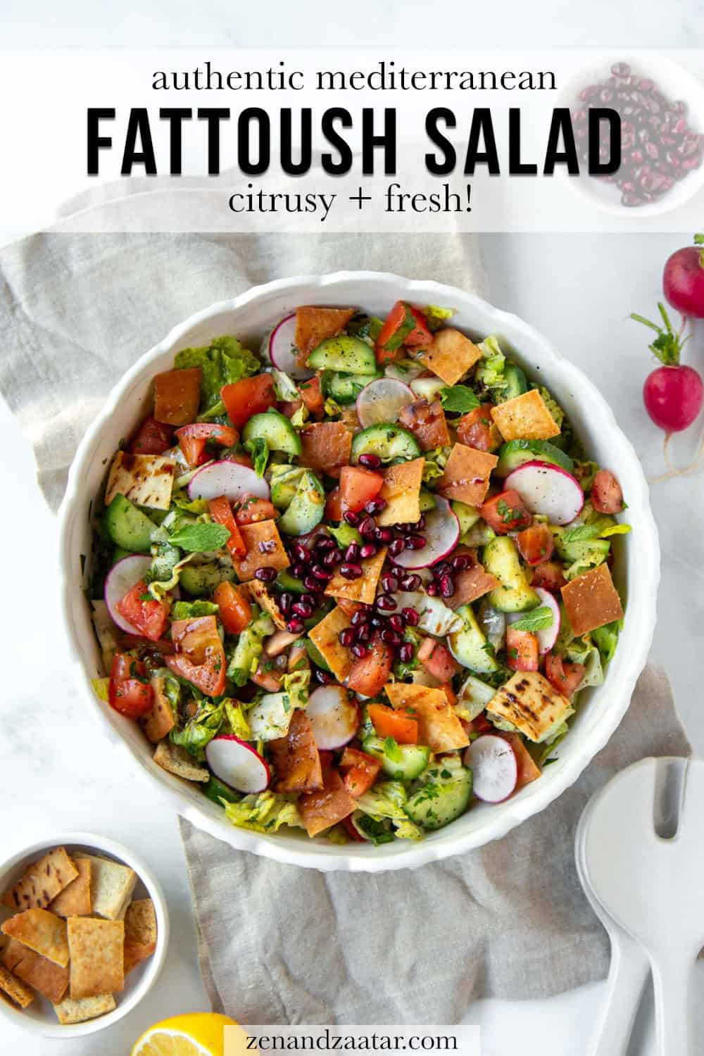 Fattoush with text overlay "Authentic Mediterranean Fattoush Salad" with fresh vegetables and crispy pita chips.