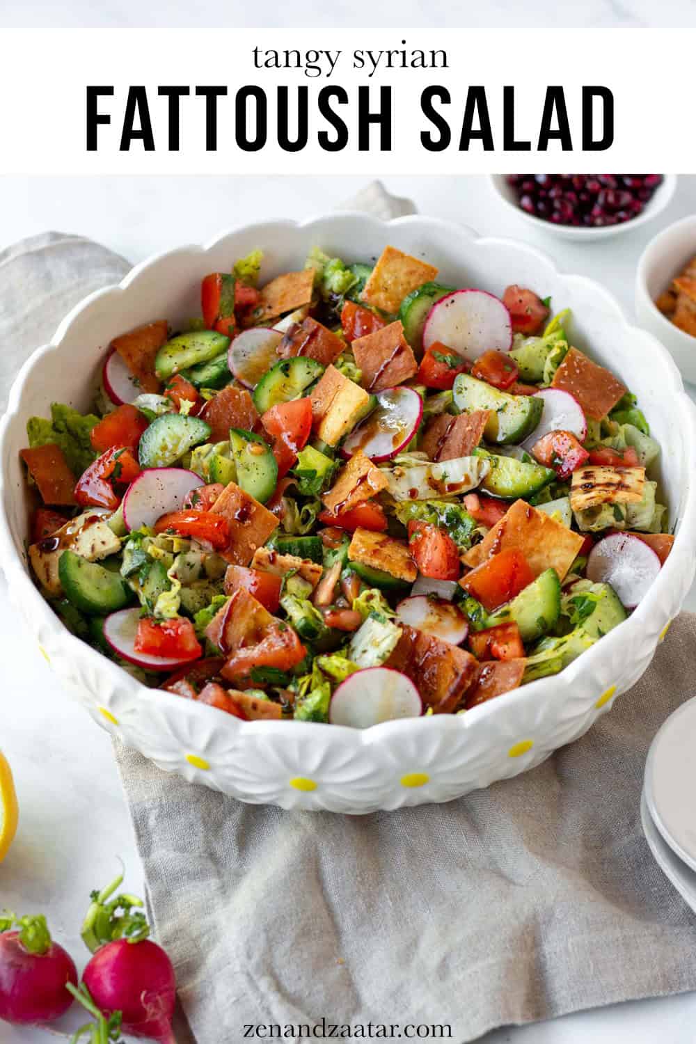 Fattoush Salad with text overlay "tangy syrian fattoush salad," with cucumbers, radishes, tomatoes, and herbs in a white bowl.